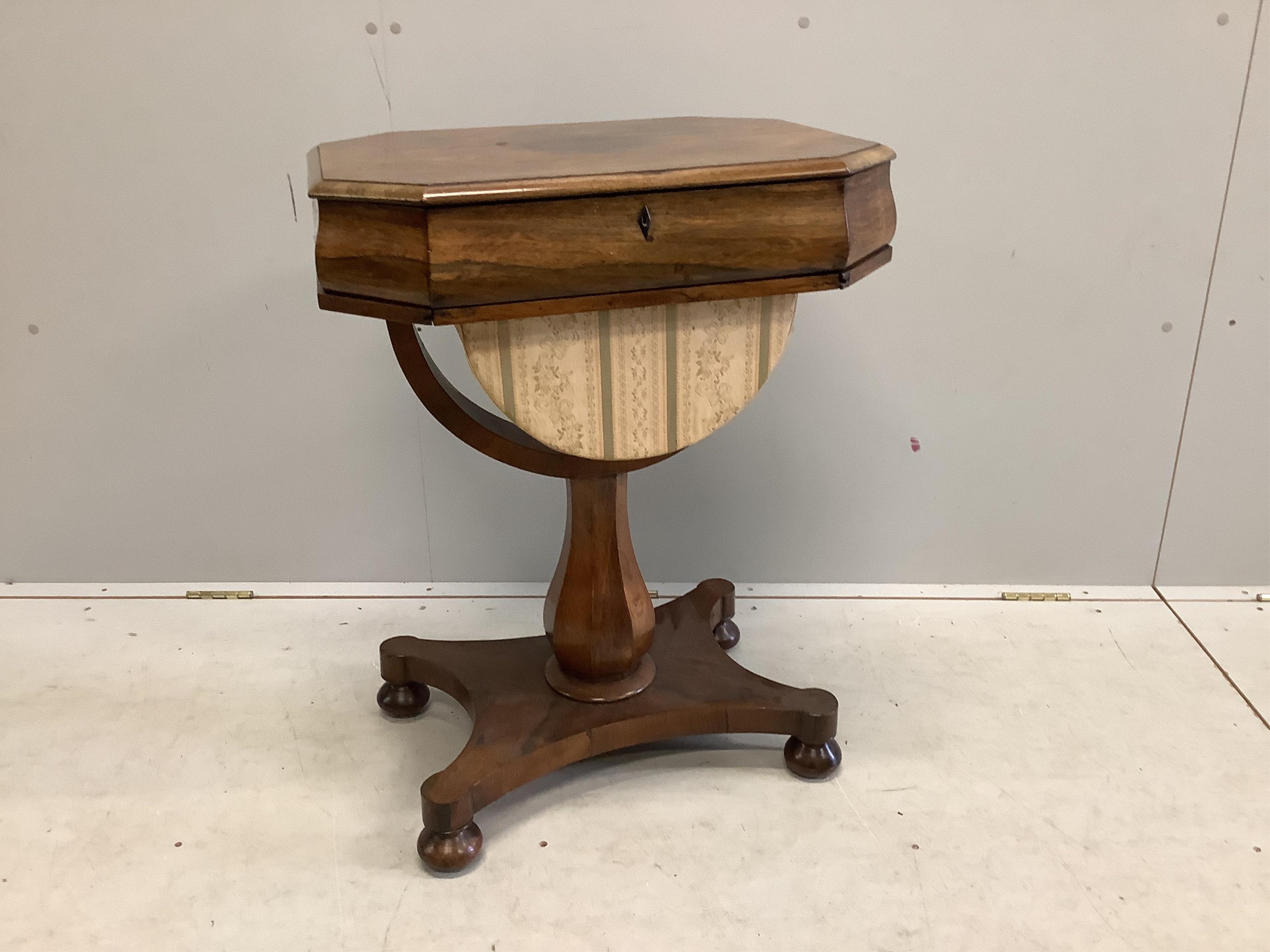 A Victorian rosewood work table, width 60cm, depth 49cm, height 79cm. Condition - fair